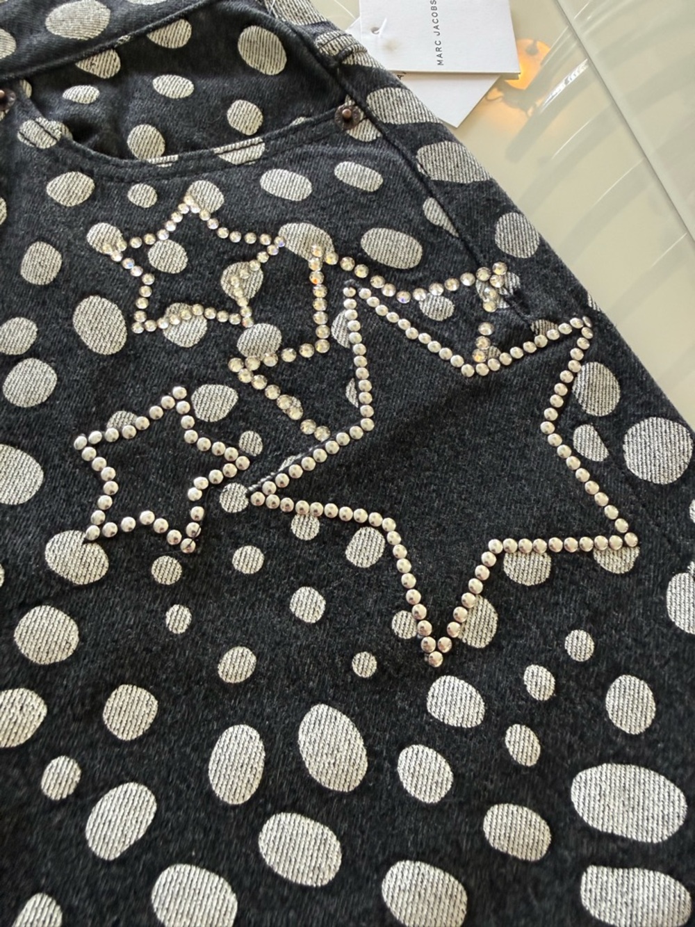 Marc Jacobs Black and White Polka Dot Denim Skirt with Leather Logo Patch - Picture 2 of 11